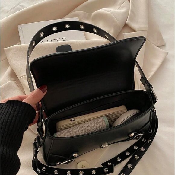 Women’s Faux Leather Rivet Studded Buckle Punk Underarm Clutch Bag - Picture 3 of 6